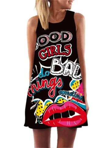 3d Cartoon Graphic Print Good Girls Bohemian Beach Short Dress - Black / One Size Stylord