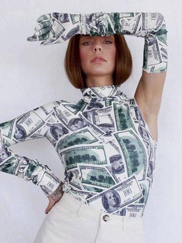 Money Print One Shoulder Turtleneck With Glove Top - STYLORD