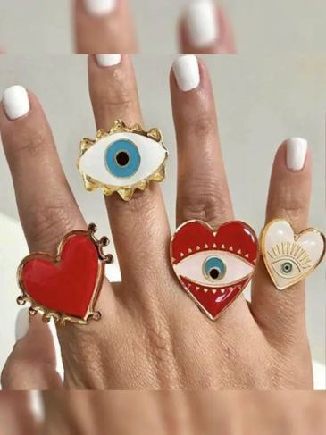 Adjustable Gold Red Heart Evil Eye Fashion Rings - Multi Stylord