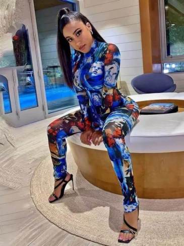 Aesthetic Printed Long Sleeve Bodycon Jumpsuit - Blue / s Stylord