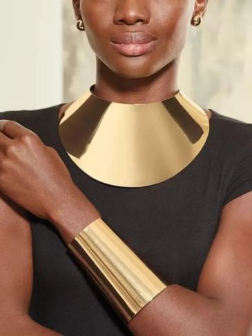 African Metal Geometric Collar And Bracelet Jewelry Set - Gold Stylord