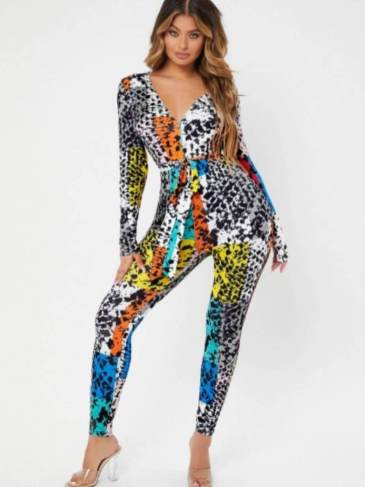 Allover Print Colorblock Tie Dye Long Sleeve Jumpsuit - Multi / s Stylord