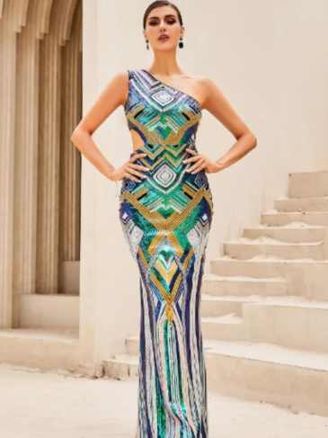 Allover Print One Shoulder Sequin Formal Gown Dress - Rent / Pink s Stylord