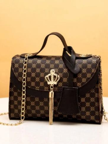 Allover Print Tassel Decor Chain Satchel Bag - Brown Stylord