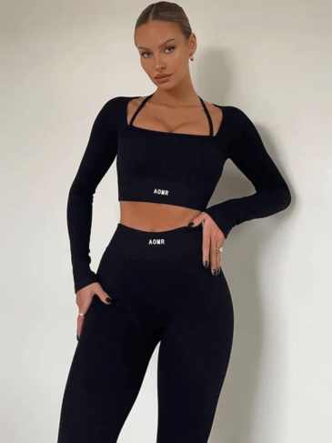 Aomr Letter Print Bodycon Long Sleeve Crop Top + Legging Tracksuit - Black / s Stylord