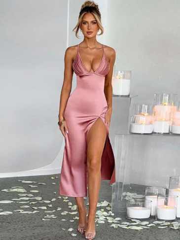 New Arrival Slit Deep v Elegant Dress - Pink / s Stylord