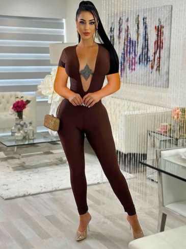 Backless Deep V-neck Sexy Stretchy Jumpsuit - Brown / s Stylord