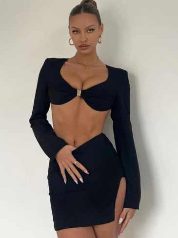 Backless Draped Metal Crop Top & Skirt Two Piece Set - Black / s Stylord