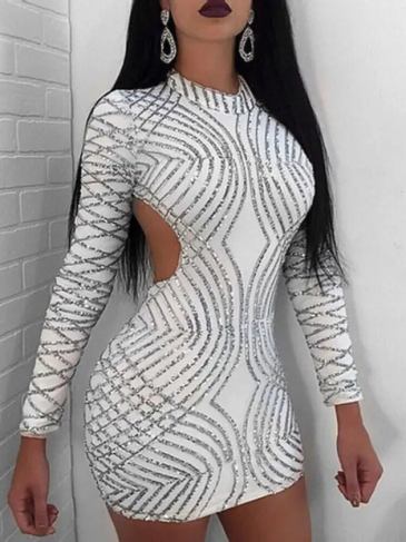 Backless Geometric Sequin Dress - White / s Stylord