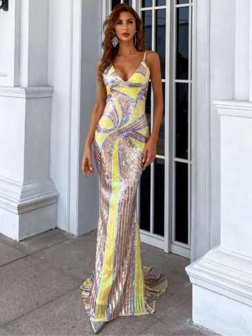 Backless Sequins Event Elegant Long Yellow Maxi Dress - Rent / m Stylord