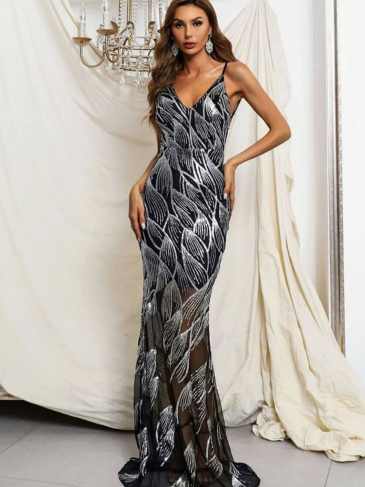 Backless Shiny Sequined Bodycon Evening Dress - Rent / Silver s Stylord