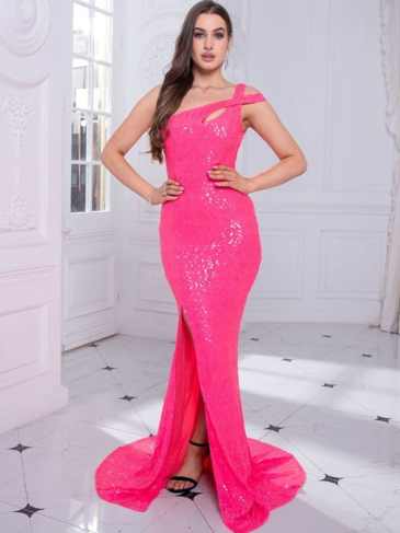 Cut Out Backless Stretch Pink Sequin Prom Maxi Dress - Rent / s Stylord