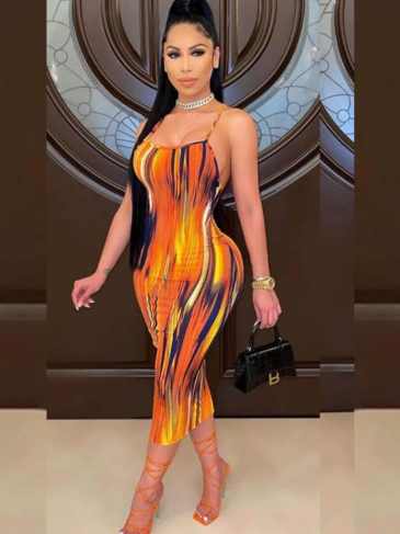 Backless Striped Strap Print Maxi Dress - Orange / s Stylord