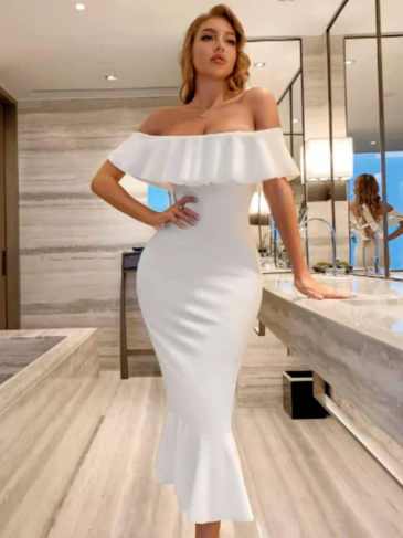 Bardot Ruffle Trim Mermaid White Dress - s Stylord