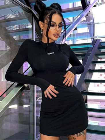 Beauty Letter Print Long Sleeve O-neck Bodycon Mini Dress - Black / s Stylord