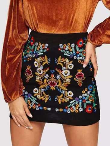 Black Botanical Embroidered Textured Skirt - Xs Stylord