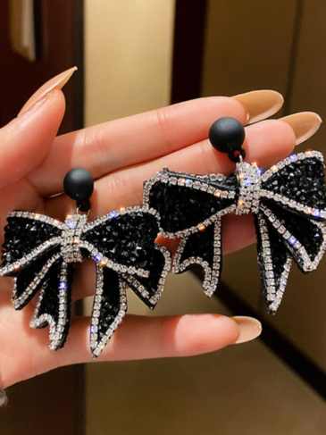 Black Bowknot Dangle Rhinestone Earrings - Stylord