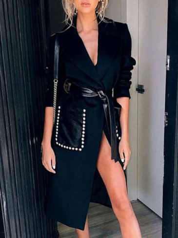 Black V-neck Trench Blend Coat - m Stylord