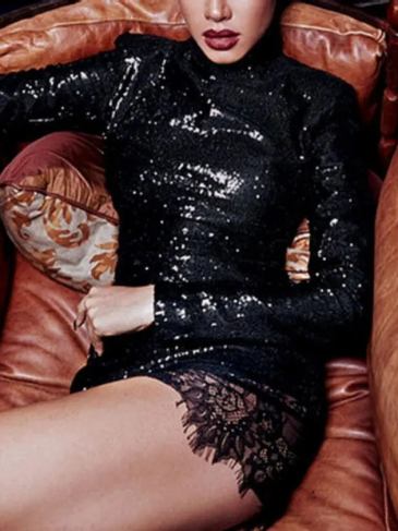 Black Sequin Turtleneck Lace Dress - s Stylord