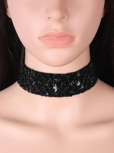 Black Velvet Sequins Choker Necklace - Stylord