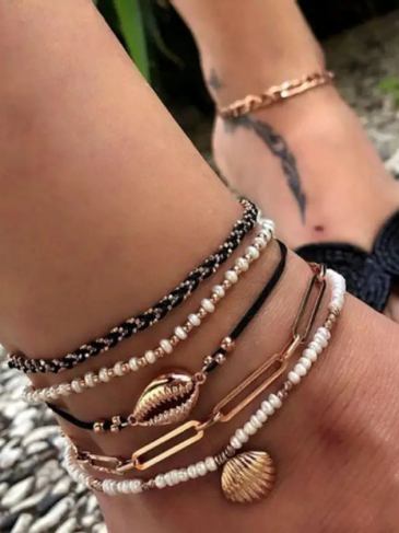 Black Weaving White Pearl Beaded Anklet Set - Gold Stylord