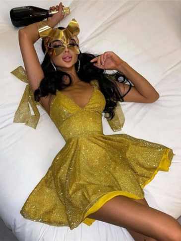 Bling Glitter V-neck Backless Pleated Mini Dress - Yellow / s Stylord