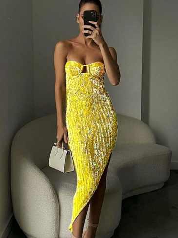 Bling Glitter Sequins Hollow Out Strapless Dress - Yellow / s Stylord