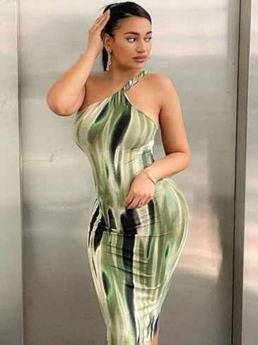 Tie Dye Bodycon One Shoulder Midi Dress - Green / s Stylord