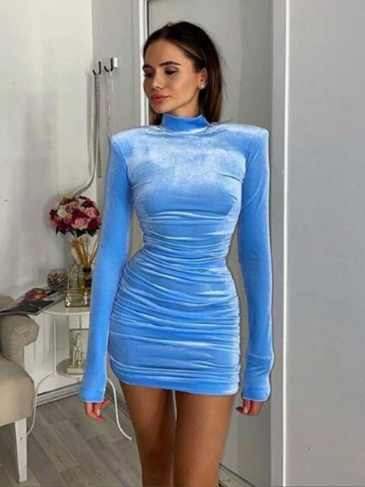 Bodycon Velvet High Neck Party Dress With Shoulder Pads - Stylord