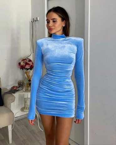 Bodycon Velvet High Neck Party Dress With Shoulder Pads - Stylord