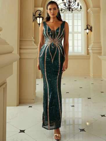 Butterfly Pattern Sequin Formal Maxi Dress - Rent / Green s Stylord