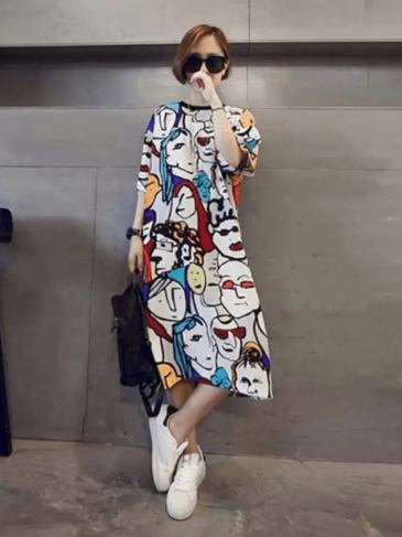 Cartoon Funny Print T-shirt Dress - Multi / s Stylord