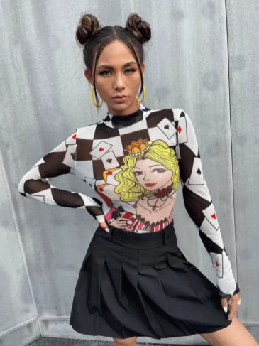 Cartoon Print Mesh Long Sleeve Top - White / s Stylord