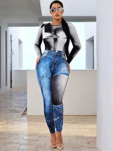 Casual 3d Jeans Print Bodycon Streetwear Jumpsuit - Blue / s Stylord