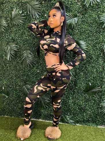 Casual Army Print Long Sleeve Two Piece Set - Green / s Stylord