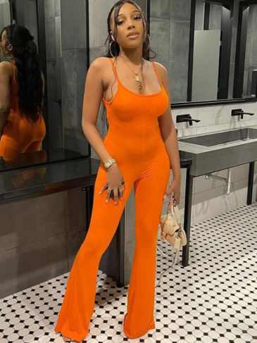 Casual Bodycon Flare Legs Jumpsuit - Orange / s Stylord
