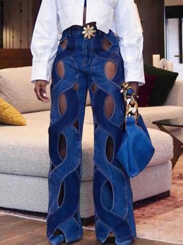 Casual Denim Straight Hollow Out Jeans - Blue / s Stylord