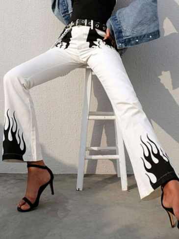 Casual Flame Print Long Flare Pant - White / s Stylord