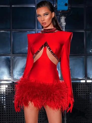 Celebrity Feather Beading Cut Out Red Mini Dress - s Stylord