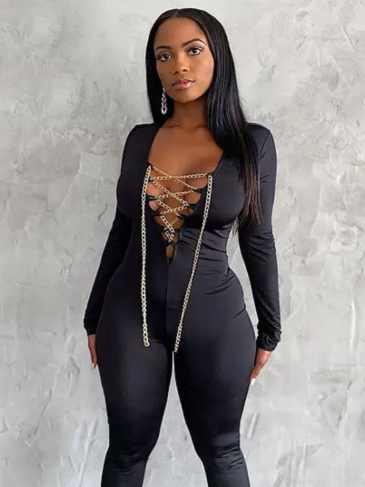 Chain Lace Up Long Sleeve Club Jumpsuit - Stylord