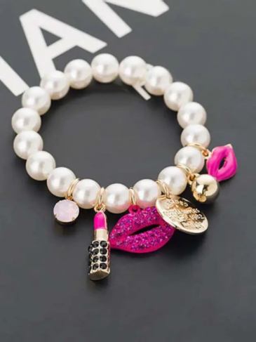 Chain Pearls Rhinestone Red Lips Lipstick Bracelet - White Stylord