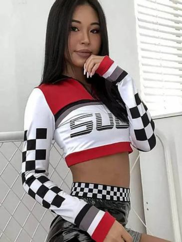 Such Checkerboard Long Sleeve Crop Top - White / s Stylord