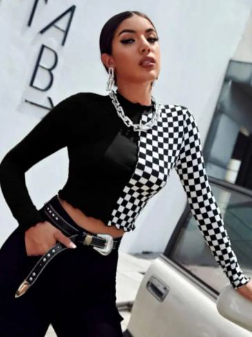 Checkerboard Plaid Long Sleeve Crop Top - Black / s Stylord