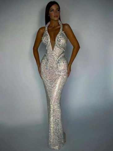 Chic Shining Sequins Halter Sleeveless Evening Dress - Rent / Silver s Stylord