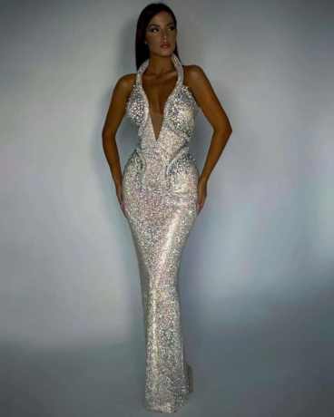 Chic Shining Sequins Halter Sleeveless Evening Dress - Rent / Silver s Stylord