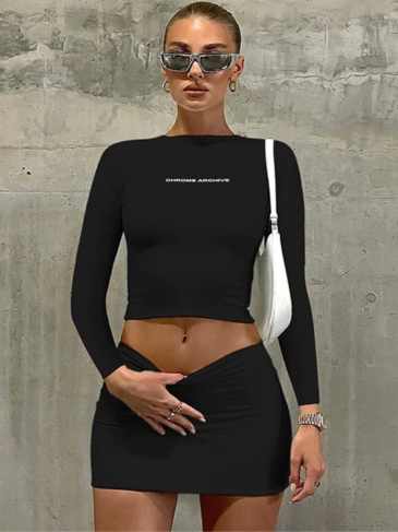 Chrome Archive Letter Print Fashion Crop Top And Skirt Outfit Set - Black / s Stylord