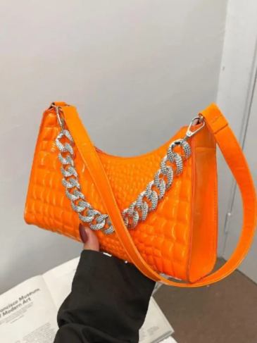 Crocodile Embossed Artificial Patent Leather Handbag - Orange Stylord