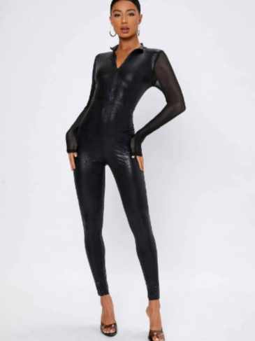 Crocodile Embossed Mesh Long Sleeve Jumpsuit - Black / s Stylord