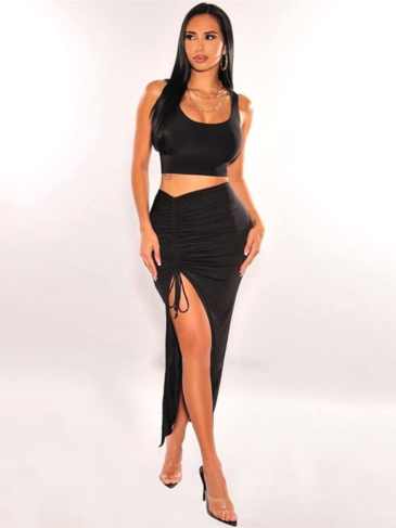 Crop Top Ruched Drawstring Slit Skirt Two Piece Set - Black / s Stylord