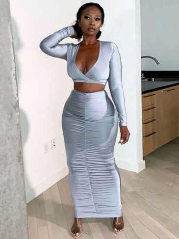 Crop Top & Rushed Bodycon Long Skirt Set - Grey / s Stylord